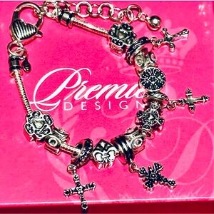 Premier Designs NIB Silver-tone Cross Charms Bracelet w/ Extension Fleur De Lis